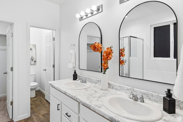 full bath featuring double vanity, a stall shower, a sink, and toilet
