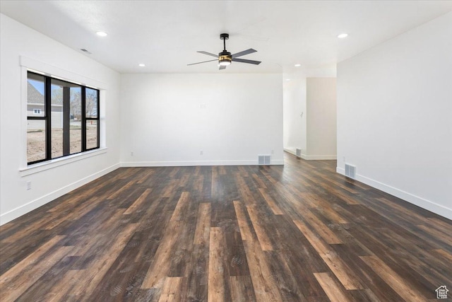 432 Tee Cir, Preston, ID 83263 - spare room with visible vents, baseboards, dark wood-style flooring, ceiling fan, and recessed lighting