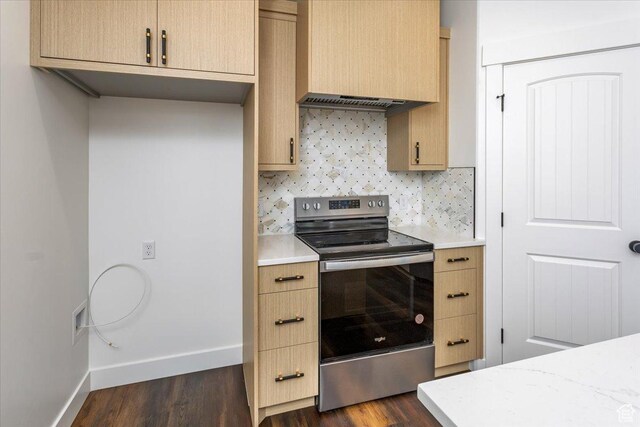 432 Tee Cir, Preston, ID 83263 - kitchen with tasteful backsplash, stainless steel electric range, light countertops, and dark wood finished floors