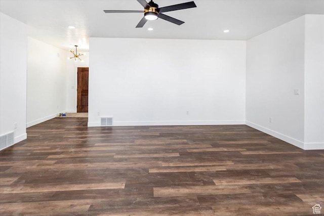 432 Tee Cir, Preston, ID 83263 - empty room with ceiling fan with notable chandelier, dark wood-style flooring, visible vents, and recessed lighting