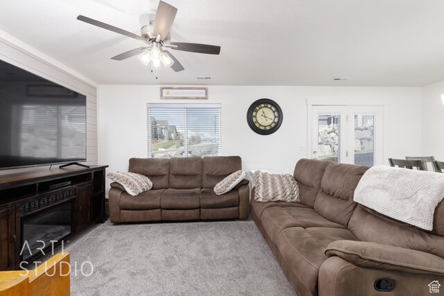 790 E Ruby Dr, Morgan, UT 84050 - living area with light colored carpet, a ceiling fan, and visible vents