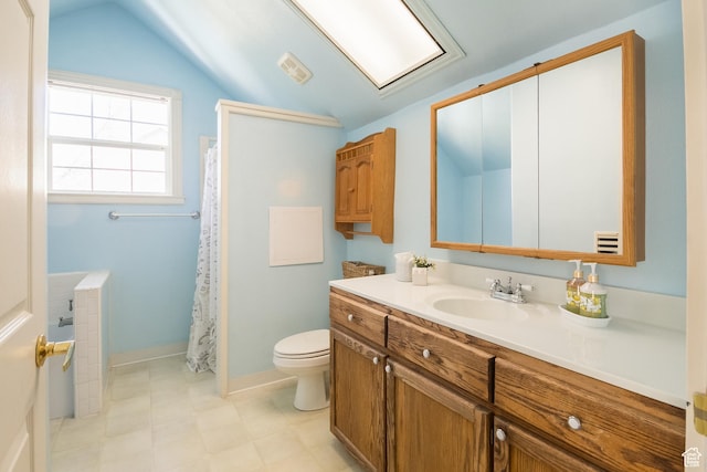 1370 S 1900 E, Vernal, UT 84078 - full bathroom featuring visible vents, a shower with shower curtain, toilet, vanity, and vaulted ceiling