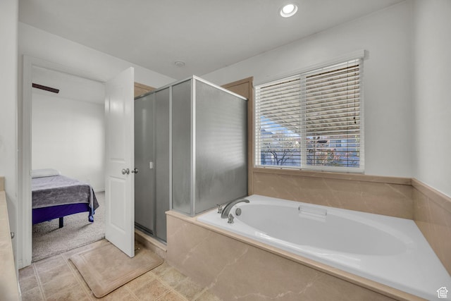bathroom with a stall shower, a garden tub, recessed lighting, and connected bathroom