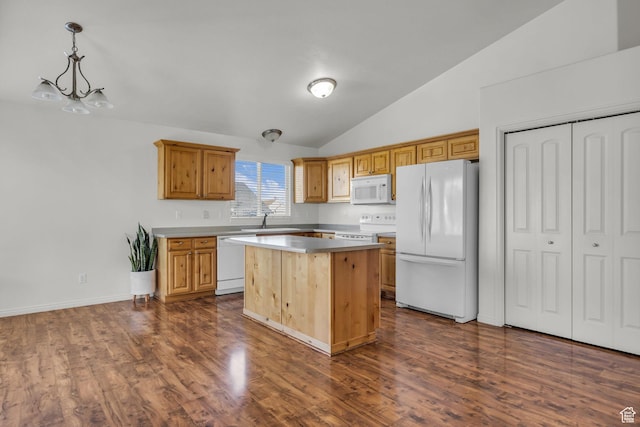 kitchen with white appliances, vaulted ceiling, a center island, hanging light fixtures, and dark wood-style floors