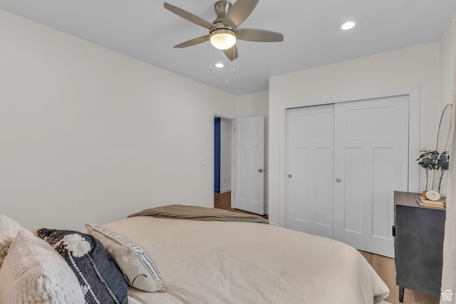 1958 E Janet Kay Ln, Holladay, UT 84121 - bedroom with a closet, light wood finished floors, recessed lighting, and a ceiling fan