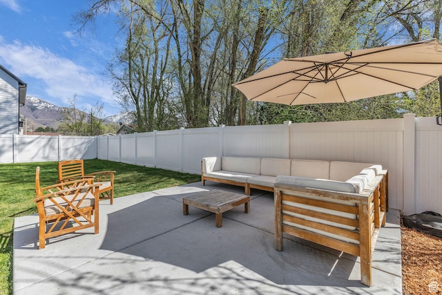 1958 E Janet Kay Ln, Holladay, UT 84121 - view of patio / terrace featuring a fenced backyard, a mountain view, and an outdoor hangout area