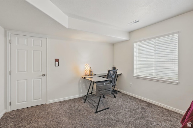 office with carpet flooring, baseboards, and visible vents