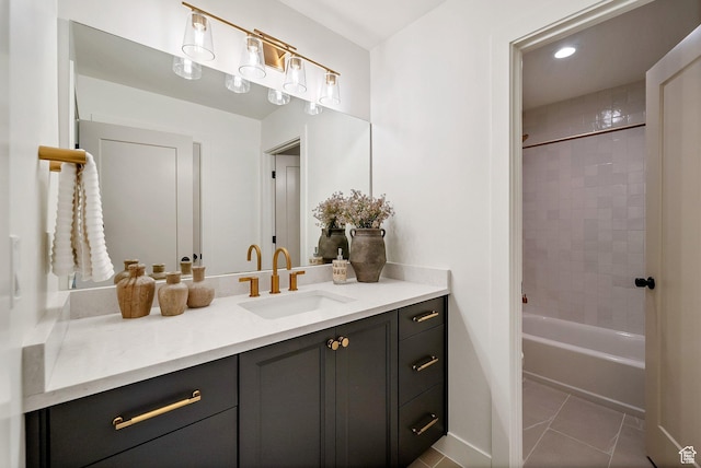 full bathroom with vanity, tile patterned flooring, shower / bathtub combination, and recessed lighting
