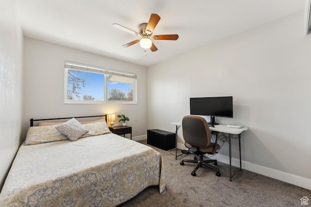 bedroom featuring baseboards, ceiling fan, and carpet