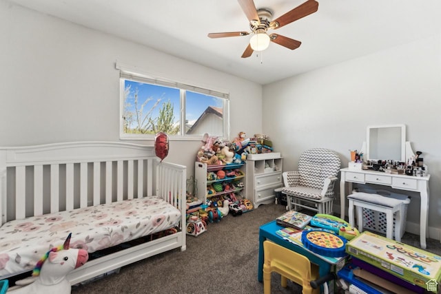 carpeted bedroom featuring a ceiling fan