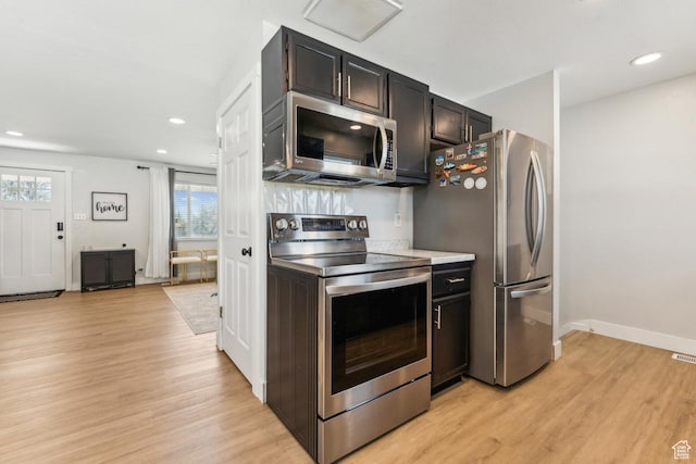 kitchen with baseboards, appliances with stainless steel finishes, recessed lighting, and light wood finished floors