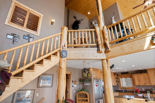 679 N Cambry Dr, Garden City, UT 84028 - stairs with a high ceiling, recessed lighting, and ceiling fan