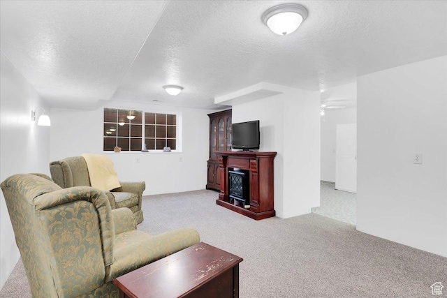1480 N 1525 E, Logan, UT 84341 - living room with a ceiling fan, carpet flooring, a fireplace, and a textured ceiling