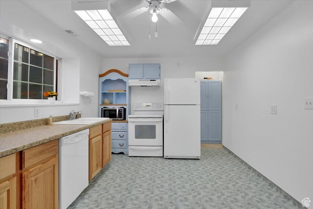 1480 N 1525 E, Logan, UT 84341 - kitchen with white appliances, open shelves, under cabinet range hood, ceiling fan, and a sink