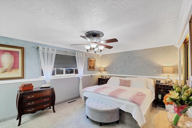 1480 N 1525 E, Logan, UT 84341 - carpeted bedroom with crown molding, visible vents, ceiling fan, and a textured ceiling