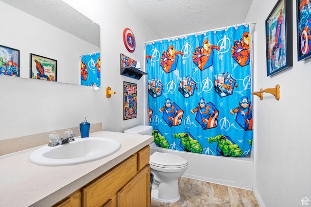 bathroom featuring toilet, a textured ceiling, shower / bath combo with shower curtain, and vanity