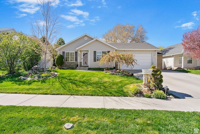 ranch-style home with a front yard, driveway, and an attached garage
