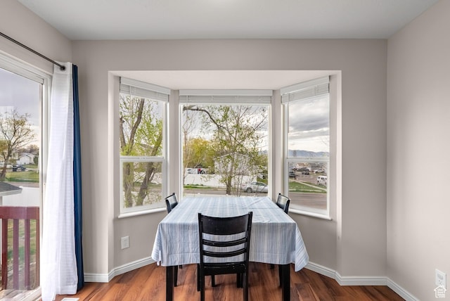 dining area with baseboards and wood finished floors