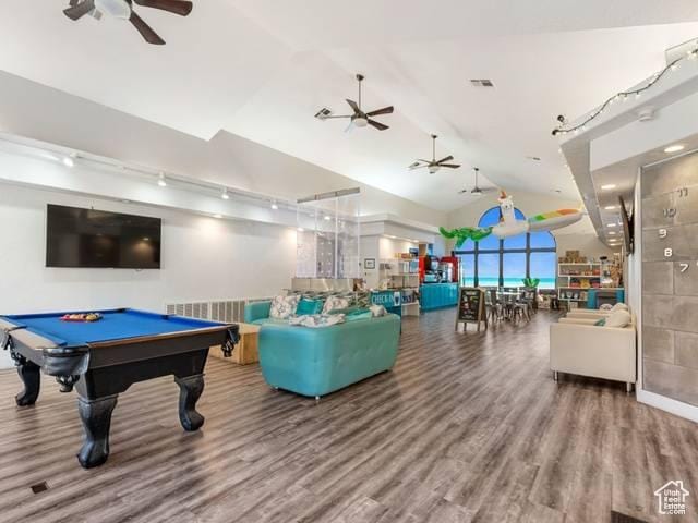rec room with visible vents, ceiling fan, wood finished floors, pool table, and lofted ceiling