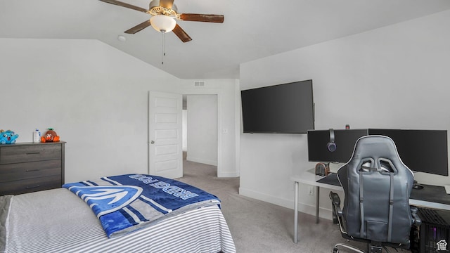 bedroom featuring ceiling fan, carpet, visible vents, lofted ceiling, and baseboards