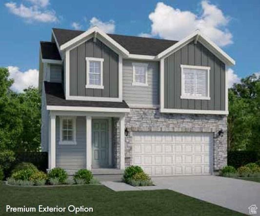 view of front of home featuring concrete driveway, board and batten siding, stone siding, and an attached garage