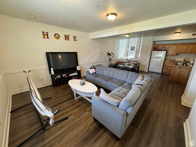 living room with baseboards, dark wood finished floors, and a textured ceiling