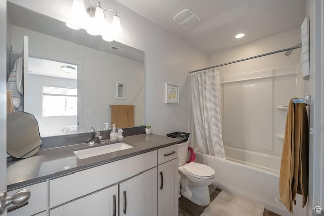 172 E Legacy Pkwy, Saratoga Springs, UT 84045 - full bathroom with shower / bath combo, vanity, toilet, visible vents, and recessed lighting