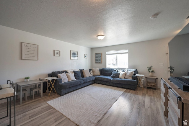 living area with a textured ceiling and light wood-style flooring