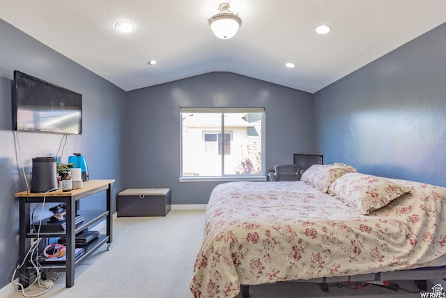 carpeted bedroom with baseboards, lofted ceiling, and recessed lighting