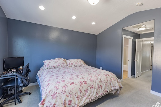 carpeted bedroom with recessed lighting, visible vents, baseboards, and lofted ceiling