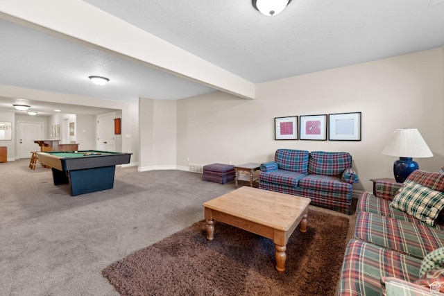 carpeted living room with visible vents, baseboards, billiards, and beam ceiling