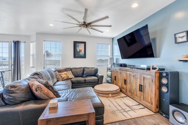 42 S 1060 W, Spanish Fork, UT 84660 - living room featuring light wood-type flooring, a healthy amount of sunlight, ceiling fan, and recessed lighting