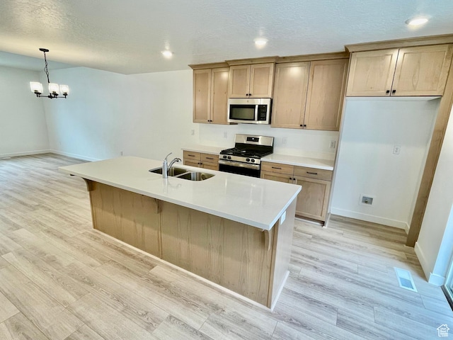 kitchen with a sink, baseboards, light wood-style flooring, and stainless steel appliances