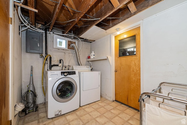 laundry room featuring independent washer and dryer, laundry area, electric panel, and light floors