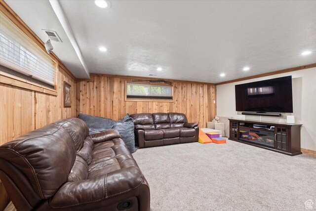 400 S 300 E, Pleasant Grove, UT 84062 - carpeted living room featuring wooden walls, visible vents, and recessed lighting