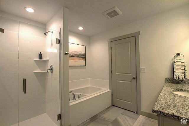 55 E Buttercup Ln Unit 42, Garden City, UT 84028 - full bathroom with a shower stall, a bath, vanity, visible vents, and marble finish floor
