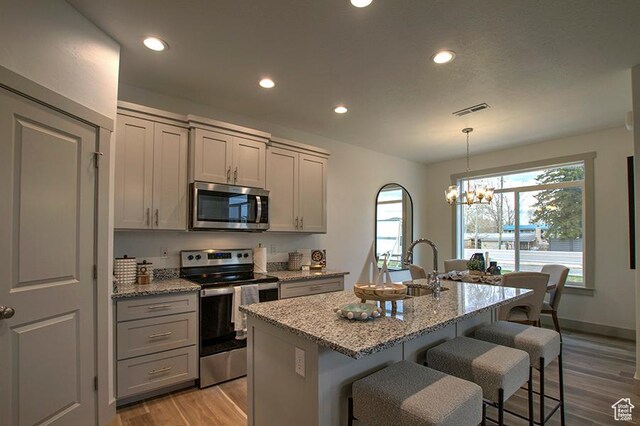 55 E Buttercup Ln Unit 42, Garden City, UT 84028 - kitchen with light wood-style flooring, appliances with stainless steel finishes, gray cabinetry, and light stone countertops