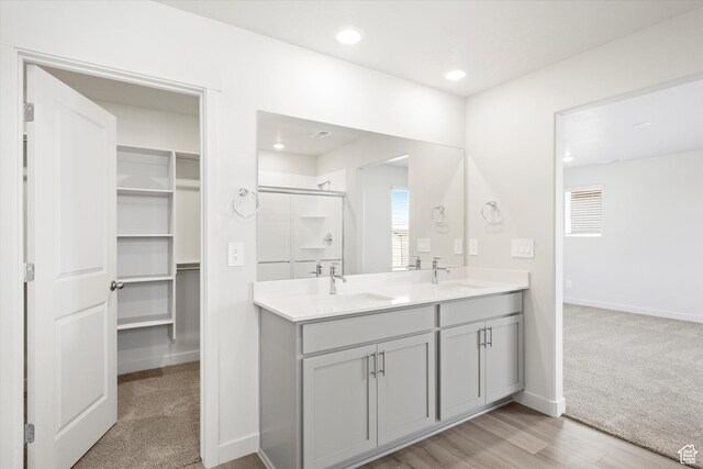 1345 N Harper Way Unit 0250, Tooele, UT 84074 - bathroom featuring double vanity, a stall shower, a walk in closet, recessed lighting, and wood finished floors