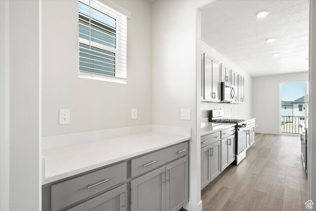 1345 N Harper Way Unit 0250, Tooele, UT 84074 - kitchen featuring stainless steel range with gas stovetop, gray cabinetry, light wood finished floors, light countertops, and a textured ceiling