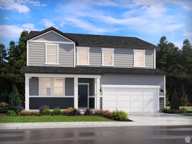 traditional-style home with a garage, driveway, and a shingled roof