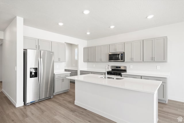 1345 N Harper Way Unit 0250, Tooele, UT 84074 - kitchen featuring appliances with stainless steel finishes, gray cabinets, light wood finished floors, light countertops, and recessed lighting