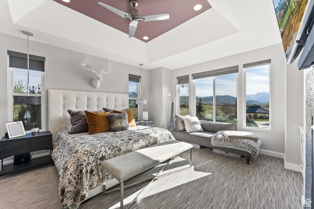 2154 E 1340 S, Heber City, UT 84032 - bedroom featuring a mountain view, baseboards, carpet, a tray ceiling, and recessed lighting