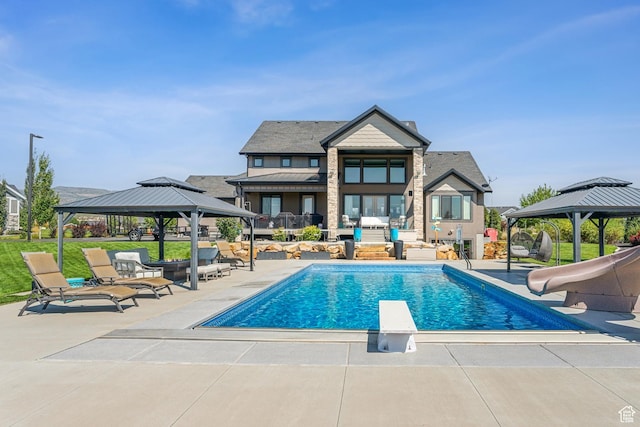 2154 E 1340 S, Heber City, UT 84032 - pool with a patio area, a gazebo, a water slide, and a diving board
