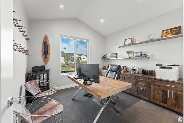 2154 E 1340 S, Heber City, UT 84032 - office area with baseboards, dark colored carpet, vaulted ceiling, and recessed lighting