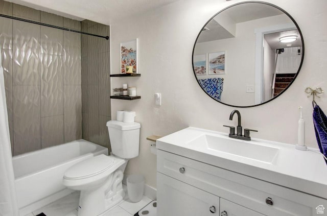 full bathroom with toilet, vanity, baseboards, and  shower combination