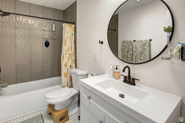 bathroom featuring shower / tub combo with curtain, vanity, toilet, and tile patterned flooring