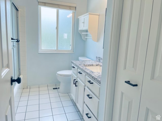 bathroom with vanity, tile patterned floors, walk in shower, toilet, and visible vents