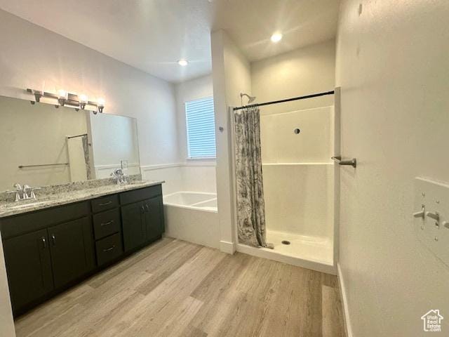 122 W 930 S, Tremonton, UT 84337 - bathroom featuring a garden tub, a shower stall, wood finished floors, a sink, and double vanity
