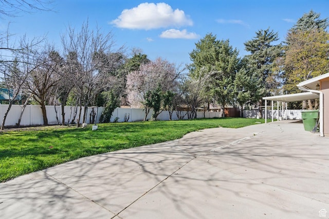 view of patio / terrace with a fenced backyard, an attached carport, and concrete driveway