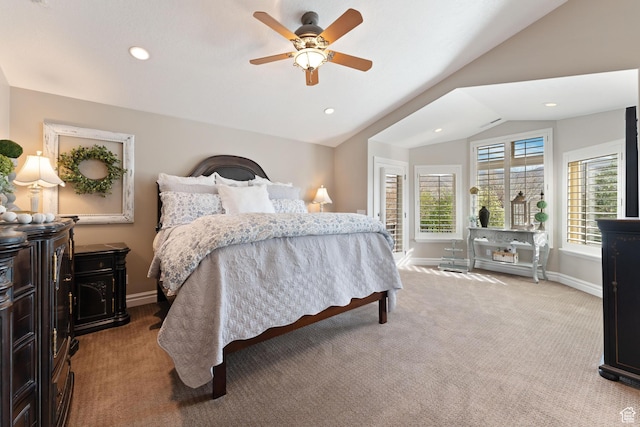 bedroom featuring recessed lighting, baseboards, lofted ceiling, and carpet